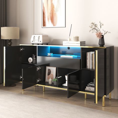 Aparador de cocina con 4 puertas y 1 cajón, mueble de almacenaje para salón/dormitorio con iluminación LED, MDF, 150x40x80cm, negro (1/5)