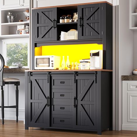 Buffet de cuisine haut - 115 x 40 x 174,7 cm - Avec portes coulissantes - Grand espace de rangement avec tiroirs et étagères réglables - Design rétro moderne - Idéal pour la cuisine, le salon