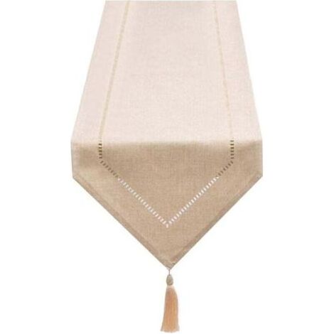 Chemin de table lin beige crème 32x180 cm design élégant frangé facile entretien pour table à manger (1/5)