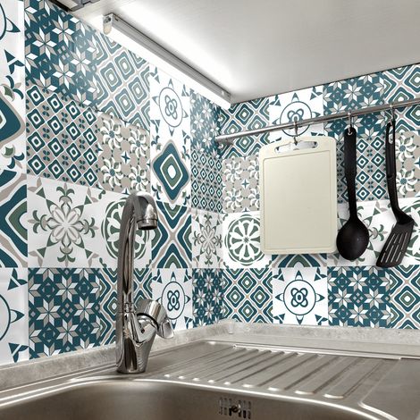 Sticker Mural Carrelage adhésif Cuisine Salle de Bain - 9 STICKERS CARREAUX DE CIMENT AZULEJOS AMIAZ - 9stickers15x15cm (1/5)