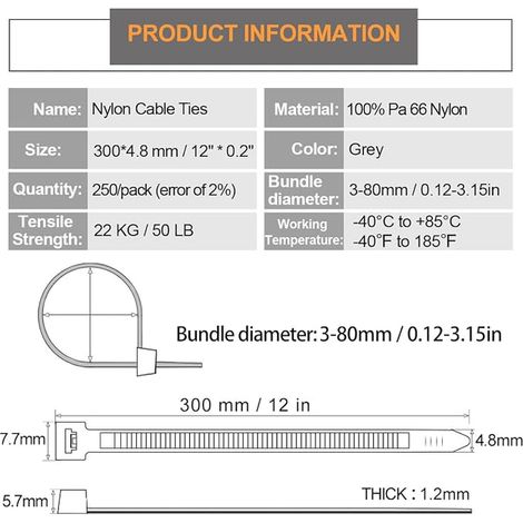 Collier De Serrage Plastique Gris, 300 x 4,8 mm Serre Cable Plastique Attache Cable Nylon Zip Ties (Gris) (1/4)