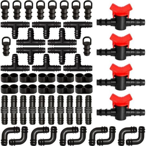 54 pièces raccords d'irrigation, connecteur tuyau 16mm, plastique rouge noir, système arrosage jardin (1/4)