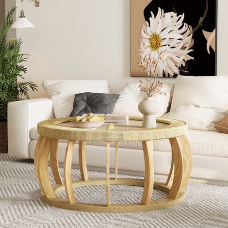 Mesa de centro redonda de madera maciza y MDF natural 90 cm (1/5)