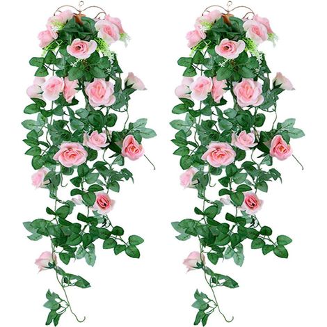 Guirlande artificielle de roses en soie - Plantes suspendues fausses lierre rotin pour décoration murale jardin mariage fête (Rose, Lot de 2) (1/5)