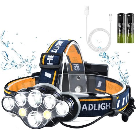 Lampe frontale LED rechargeable, lampe ultra-puissante à 8 LED, lampe frontale étanche et légère, parfaite pour le camping, la pêche, la spéléologie, le jogging et la randonnée [Classe énergétique A++