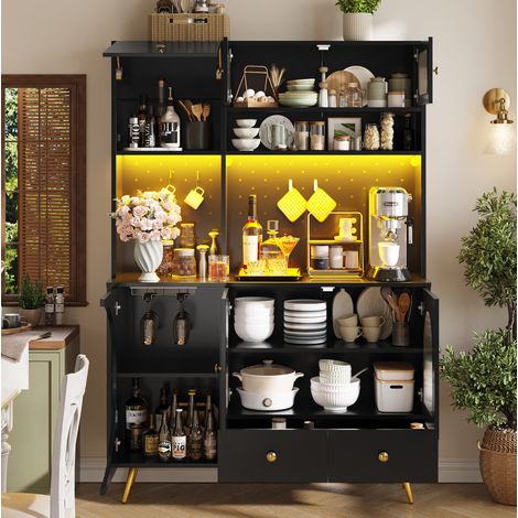 REDOM - Aparador alto de cocina 120x40x176 cm, LED regulable por aplicación, enchufes y USB integrados, MDF y vidrio negro (1/5)