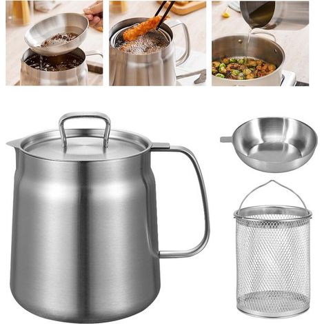 passoire pour friteuse, filtre pour friteuse, sépare les résidus de graisse, panier de friteuse en acier inoxydable, couvercle de filtre, bac de récupération des graisses de bacon, passoire. (1/5)
