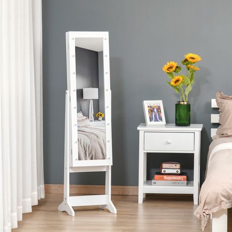 Specchio portagioie da terra con 16 luci LED e angolo regolabile, organizer per gioielli con ripiani, 36x30x136 cm, bianco caldo