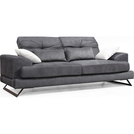 Canapé 3 places velours anthracite avec têtières relevables et pieds metal noir Briko 225cm (1/4)