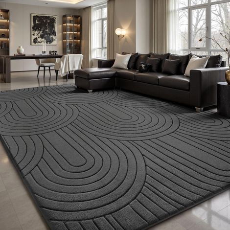 Tapis de Salon, 160x230cm, 3D à Motif Semi-Circulaire, Gris, Lavable, Moelleux, antidérapant, pour Chambre à Coucher, Chambre d'enfant (1/5)