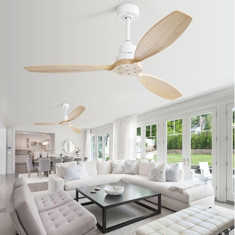 Ventilateur de plafond 132 cm en bois blanc, 6 vitesses, réversible pour salon FloraGrace (1/5)