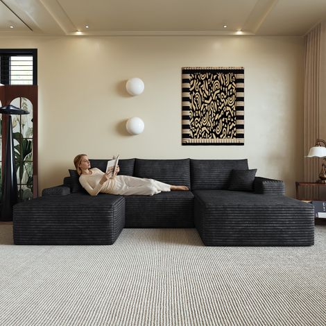 Canapé Modulaire 4 Places en Velours Côtelé avec Assise Profonde et Méridienne à Droite, Sans Assemblage, Noir