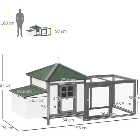 Poulailler pour poules naines pin gris blanc 196x76x97cm enclos perchoirs nid à œufs, construction hivernale résistante aux intempéries pour jardin (1/5)
