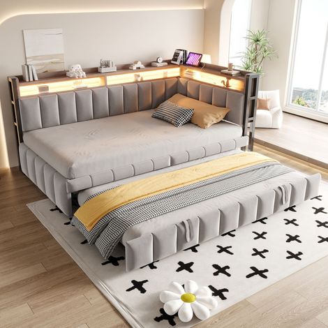 Lit Gigogne avec Rangement 90 x 200 cm convertible en canapé rangement éclairage LED ports USB et USB-C (1/5)