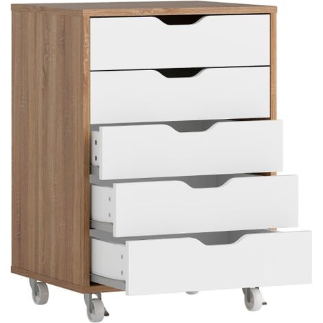 Five-Drawer Rolling Filing Cabinet in Oak Brown-Ideal for Home Office Organization and Storage Solutions (1/5)