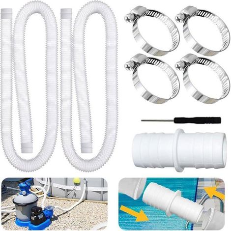 Lot de 2 tuyaux de piscine de 32 mm, avec 4 clips métalliques, un tournevis et un raccord, pour pompe de piscine. (1/4)