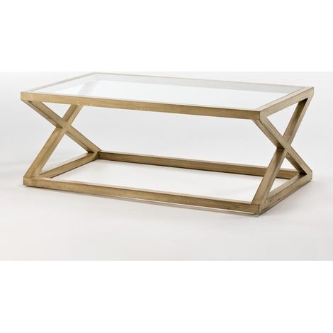 Table basse verre et bois massif peint blanc voilé 120cm