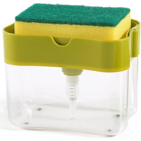 Distributeur de savon, distributeur de savon et porte-éponge, distributeur de savon pour lave-vaisselle avec pompe à savon et éponge, distributeur de liquide vaisselle sans perçage- (1/5)