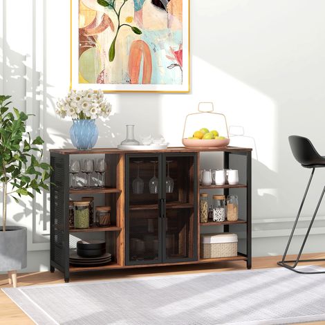 Buffet de cuisine avec 6 étagères ouvertes, un porte-verres et une étagère réglable, idéal pour un bar ou une salle à manger, 120 x 40 x 76 cm, marron rustique