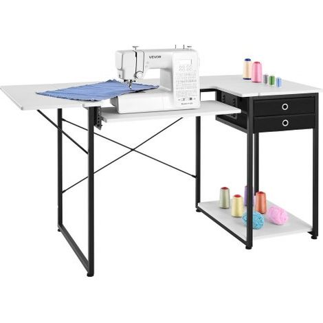 Mesa de Costura con Tablero Plegable, Estante Ajustable, Patas de Acero y Cajón, para Ordenador, Estudio de Moda, Estudio de Arte, Institución Educativa, 1395 x 600 x 760 mm, Blanco y Negro (1/5)