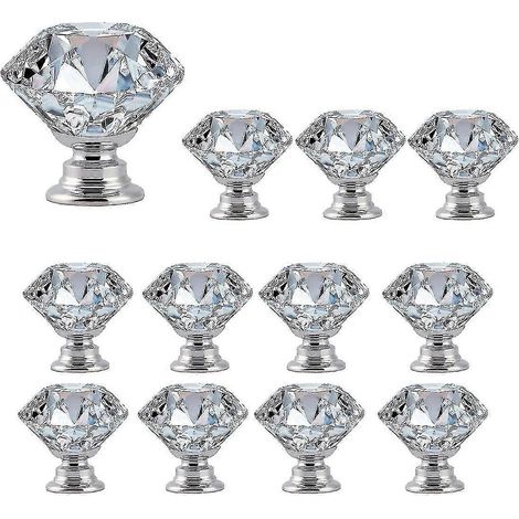 Un ensemble de 12 boutons de coiffeuse en verre de 30 mm, boutons de tiroir en forme de diamant et boutons de meuble de cuisine (argent). (1/5)