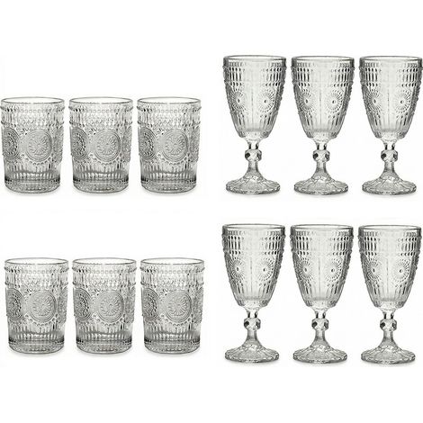 Set 12 Pezzi Servizio Tavola Vintage: 6 Bicchieri Acqua e 6 Calici Vino Vetro Trasparente Lavorato in Rilievo Alta Qualità per Casa e Ristoranti Confezione Regalo Elegante Retrò