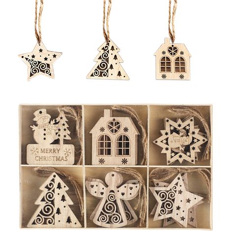 Guirlande De Décoration De Noël En Bois - Flocons De Neige Creux Avec Cordon - 30 Pièces - 6 Modèles Différents - Pour Arbre De Noël Et DIY (1/5)