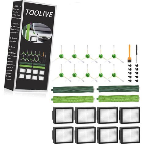 Pièces de Rechange pour iRobot Roomba E5 E6 i7 i7+ i3 i3+ i4 i4+ i6 i6+ j7 j7+, Kits Accessoires Remplacement pour Roomba i/e/j Séries, 4 Brosses en Caoutchouc, 8 Filtre HEPA, 10 Brosses Latérales (1/5)
