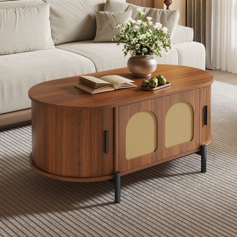 Ovale Couchtisch mit Schiebetüren und Rattantür, Nussbaum, 100x50x40 cm (1/5)