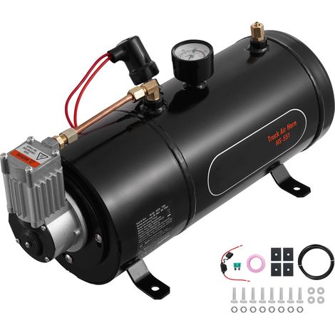 Compresseur d'air 12V avec réservoir 3L, pression de travail 120 psi, système embarqué pour avertisseurs de train, gonflage pneus et matelas. (1/5)