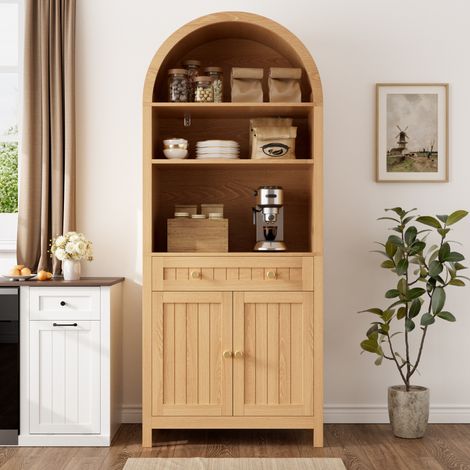 Comanlai - Vaisselier Haut avec Arche Décorative 180 cm, Buffet Haut de Cuisine avec Étagères Ouvertes, Tiroir et 2 Portes avec Range-Épices Intégré, Colonne de Rangement Salon Salle à Manger Naturel