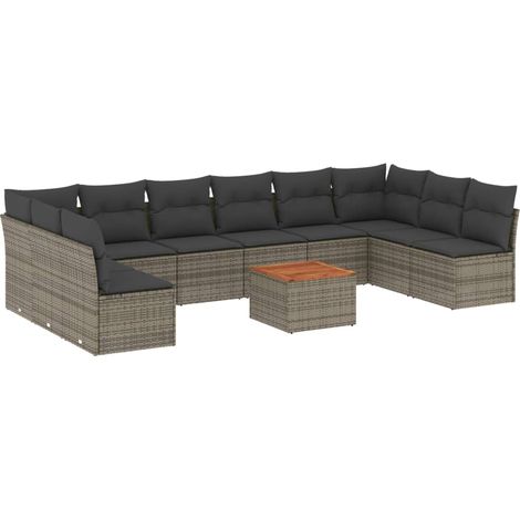 Set de sofás de jardín 11 pzas y cojines ratán sintético gris vidaXL (1/4)