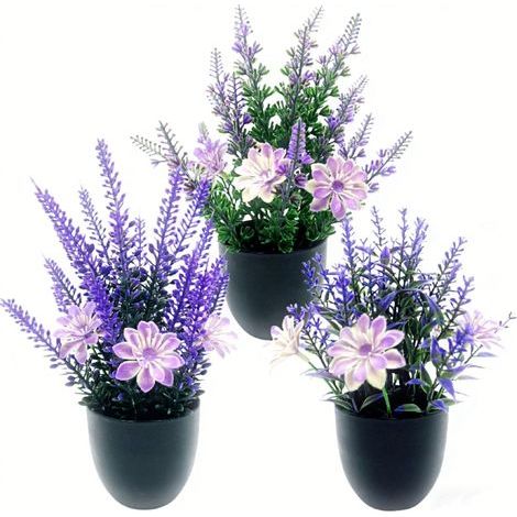 Lot de 3 plantes artificielles de lavande en pot, Petite plante décorative en plastique – Pot noir inclus – Idéal pour bureau, maison, chambre, salon, salle de bains (1/5)