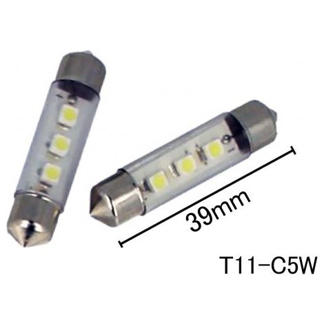 Coppia 2 Lampade Led T11 C5W Siluro 39mm Con 3 Smd 3528 Colore Bianco Freddo 6000K 12V 1W