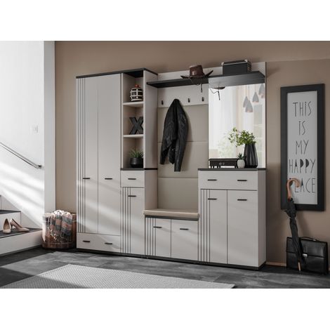 Ensemble meuble d'entrée Hugo VIII avec miroir, armoire et coussin d'assise - Bois MDF cachemire et noir - 210 x 203 x 32 cm - Livraison gratuite (1/5)