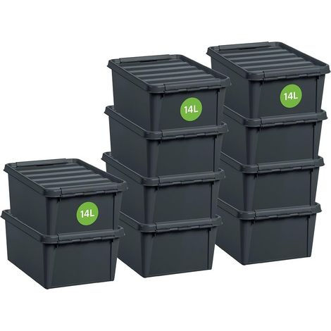 Lot de 10 Boîtes de Rangement 100% Plastique Recyclé 14 L Organisez Votre Maison en Respectant la Planète Gris 40 x 30 x 18 cm 14L (1/5)