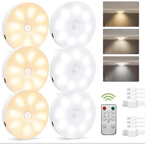 Luce notturna LED ricaricabile USB, 6 pezzi, sensore movimento, 3000K, 8 LED, batteria 400 mAh, base magnetica, luce calda - Classe A