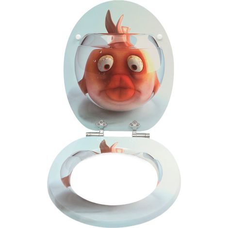 Abattant de toilettes HomSeat avec motif de poisson rouge amusant dans un bocal, âme en bois MDF, couvercle silencieux à fermeture douce, revêtement hygiénique facile à nettoyer