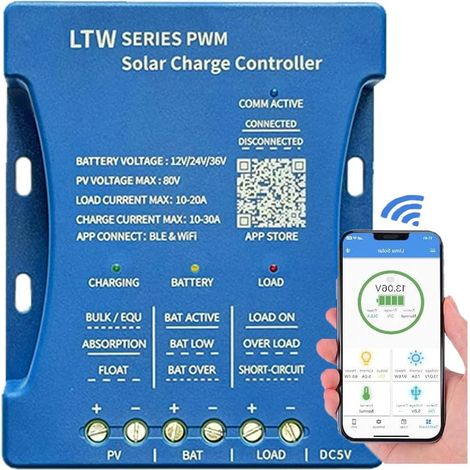 Régulateur de charge solaire Bluetooth 30A 12V 24V Contrôleur de charge solaire intelligent PWM avec port USB PV:50V-80V pour Batterie al piombo/litio (30A-WIFI) (1/5)