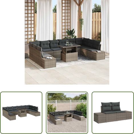 Gartentisch - Gartensofa-set mit Kissen mit Speicher 11 pcs Grau Poly-Rattan