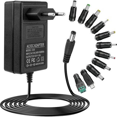 Adaptateur Secteur Universel 12V 3A 36W AC-DC 100-240V Transformateur d'Alimentation avec 11 Connecteurs Interchangeables pour Bande LED Routeur Caméra CCTV Écran PC (1/5)