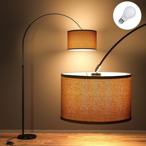 165-180 cm Lampadaire Classique JASMIN Comprend une ampoule LED E27 9W 3000K, Commutateur au pied, Abat-jour en lin beige, lampadaire à arc rétro adapté au salon, à la chambre, au bureau (1/5)
