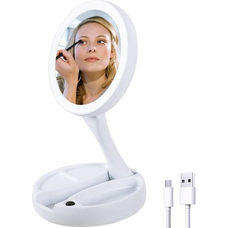 Miroir de maquillage pliable et lumineux, miroir double face grossissant 1X/10X, miroir de courtoisie LED de 15 cm (5,9 pouces) pour les voyages et la maison (blanc) (1/5)