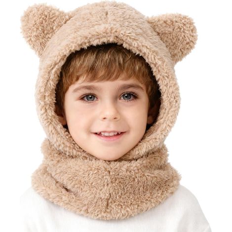 Cagoule enfant 3-en-1 en polaire double épaisseur, protection hiver, marron (1/5)