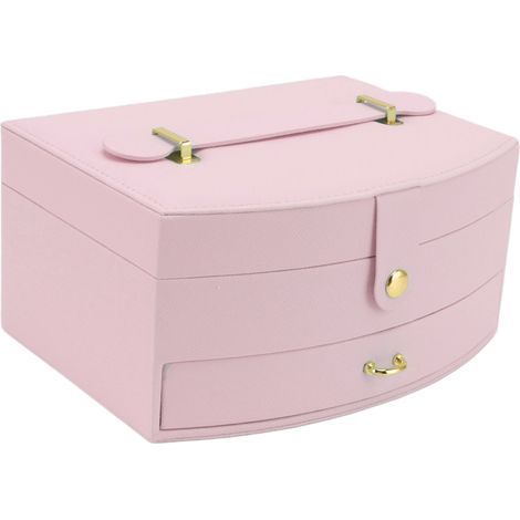Reise-Schmuckkästchen, 2-lagig, PU-Leder, tragbare Aufbewahrungsbox mit Verschluss und Griff, für Ohrringe und Halsketten, rosa (1/5)
