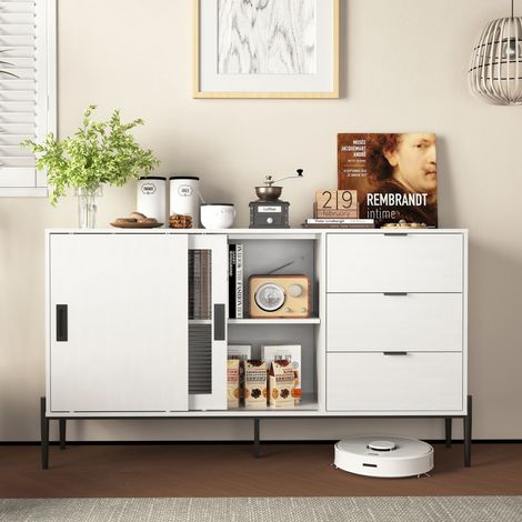 Modernes Sideboard mit Glasschiebetür und 3 Schubladen, Konsolentisch für den Eingangsbereich, Küchenbuffetschrank für Flure, Eingänge, Küchen, Arbeitszimmer, Weiß