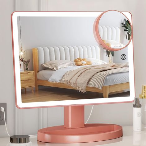 Grand miroir de maquillage lumineux avec lumière (modèle XL) Miroir de courtoisie de table, 88 LED, écran tactile rotatif à 360 degrés, grossissement x10, or rose (1/5)