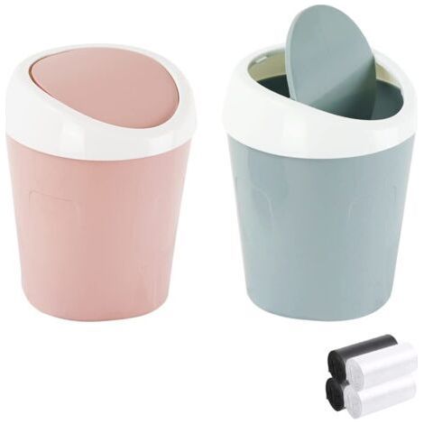 Stück kleiner Mini-Tischmülleimer, QLFJ-FurDec Mini-Tischmülleimer aus Kunststoff mit Schwenkdeckel und 4 Rollen Müllbeutel für Büro, Badezimmer, Küche (Blau, Rosa) (1/5)