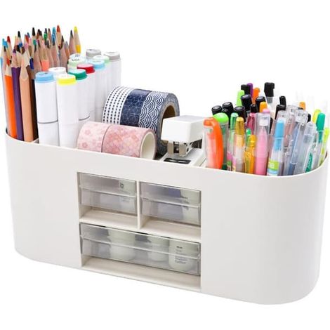 Organiseur de bureau à 6 compartiments et 3 tiroirs, organiseur de bureau multifonctionnel, organiseur de bureau peu encombrant (blanc) (1/3)