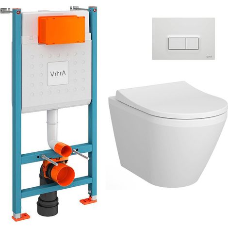 Pack WC Bâti-support V-Fix Core + WC sans bride Integra, fixations invisibles + Plaque, Blanc Brillant (V-FixIntegraRimless-1)